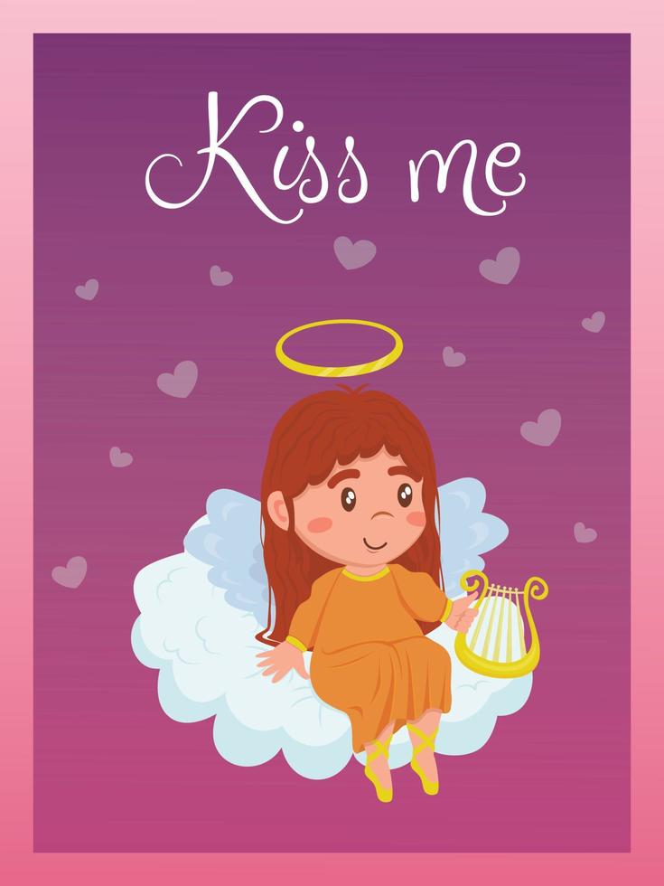 carte de saint valentin avec petite fille ange assis sur un nuage avec une harpe. relation, amour, saint valentin, concept romantique. illustration vectorielle pour bannière, affiche, carte postale, carte postale. vecteur