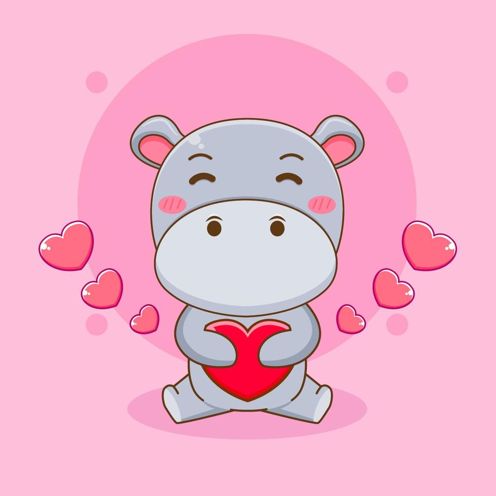 personnage de dessin animé mignon hippopotame étreignant le coeur d'amour vecteur