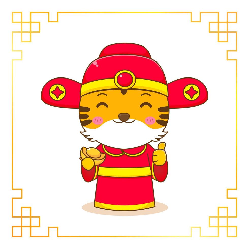 tigre mignon dans le personnage de dessin animé de costume de dieu de la richesse. célébration du nouvel an chinois. vecteur