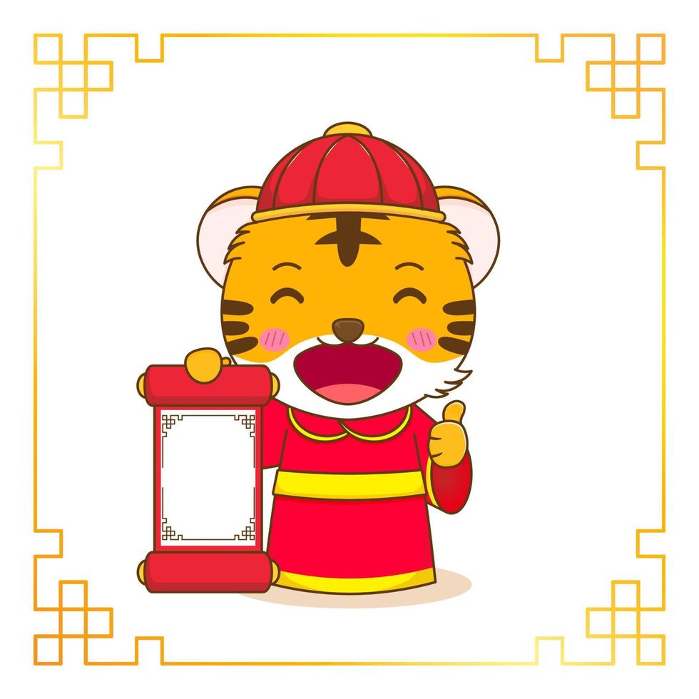 tigre mignon dans le personnage de dessin animé de costume de dieu de la richesse. célébration du nouvel an chinois. vecteur