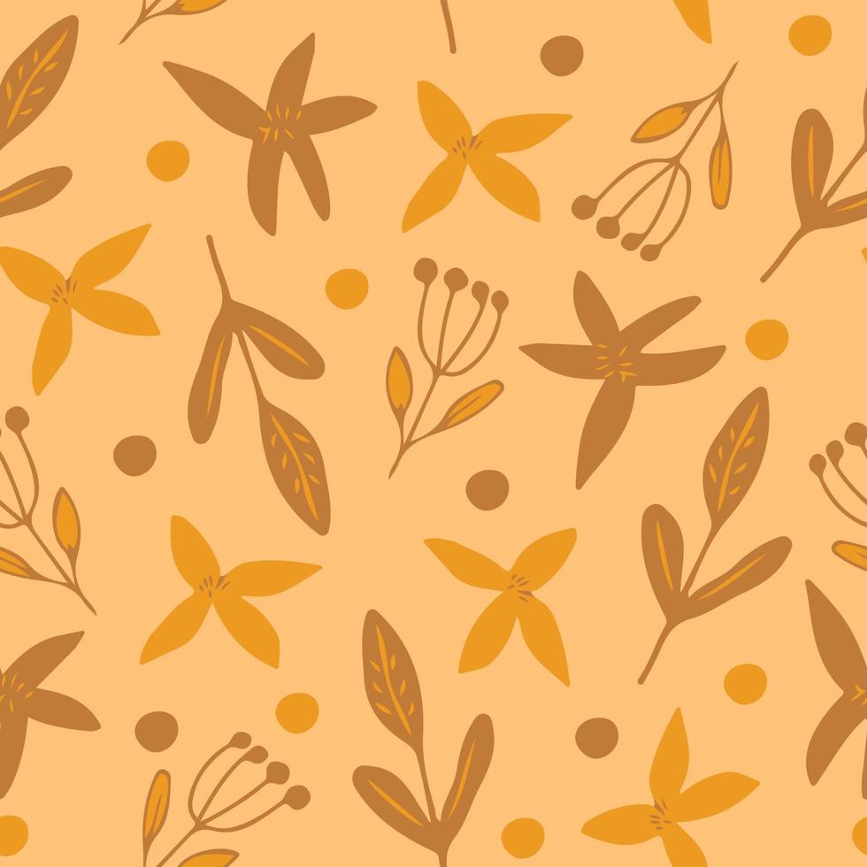 fleurs, feuilles modèle sans couture. doodle minimalisme dessiné à la main simple. papier peint, textiles, papier d'emballage. marron, jaune automne automne vecteur