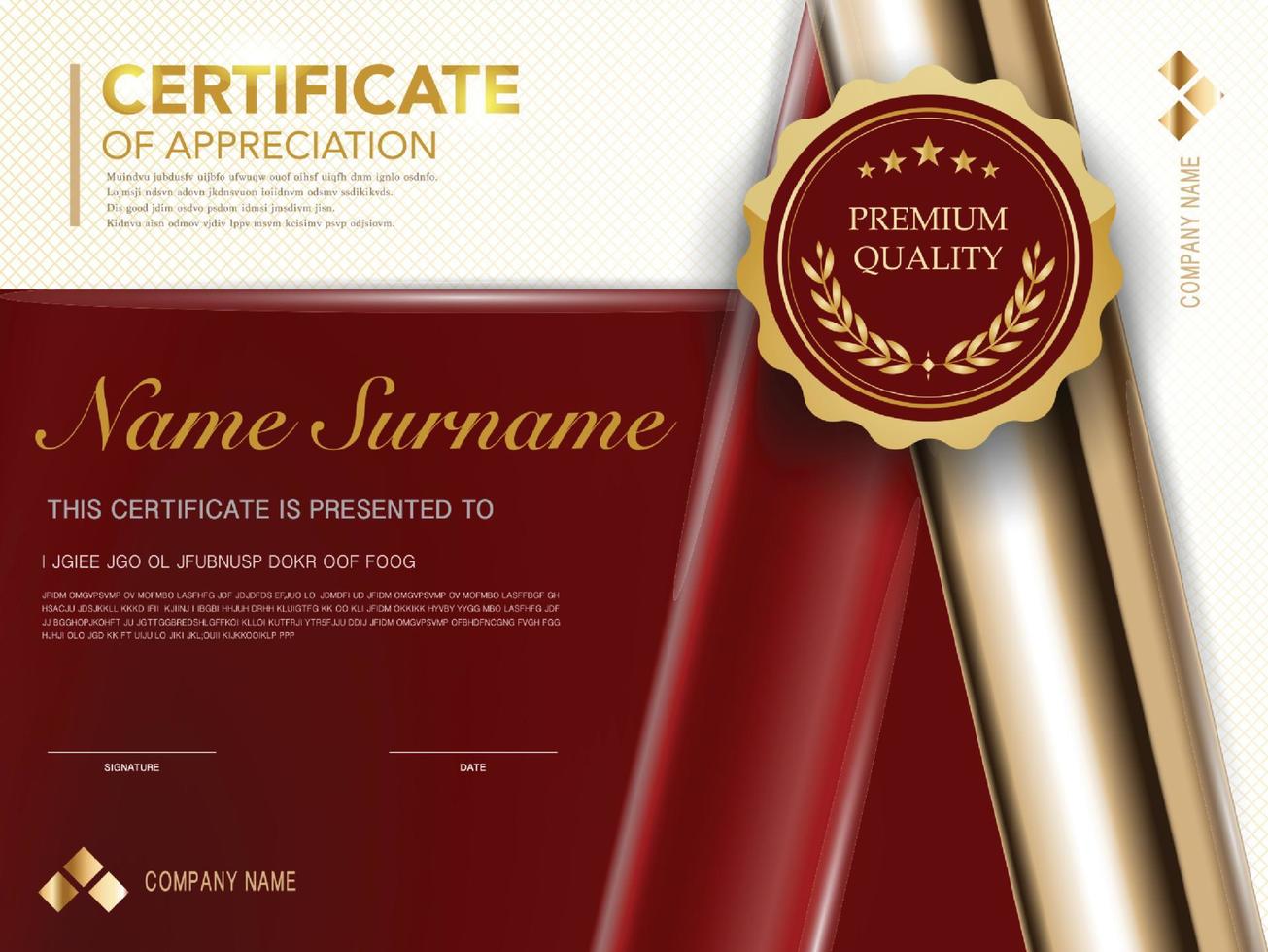 modèle de certificat de diplôme couleur rouge et or avec image vectorielle de luxe et de style moderne vecteur