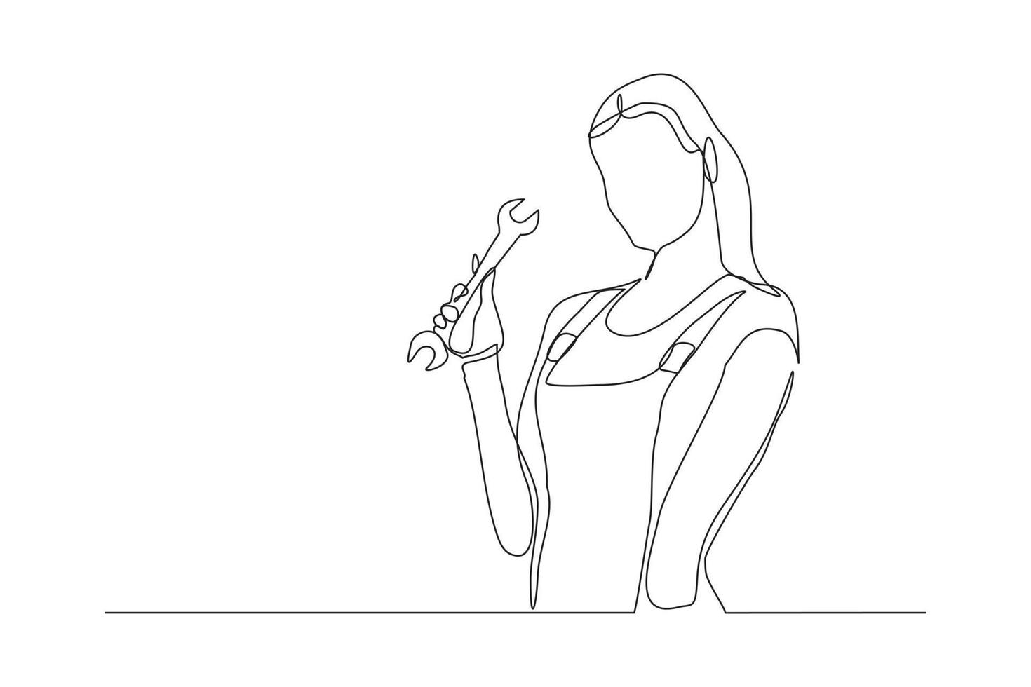 dessin en ligne continu de la jeune femme mécanicienne pose tenant un ensemble de clé. dessin au trait unique du concept minimaliste de profession professionnelle. illustration vectorielle vecteur