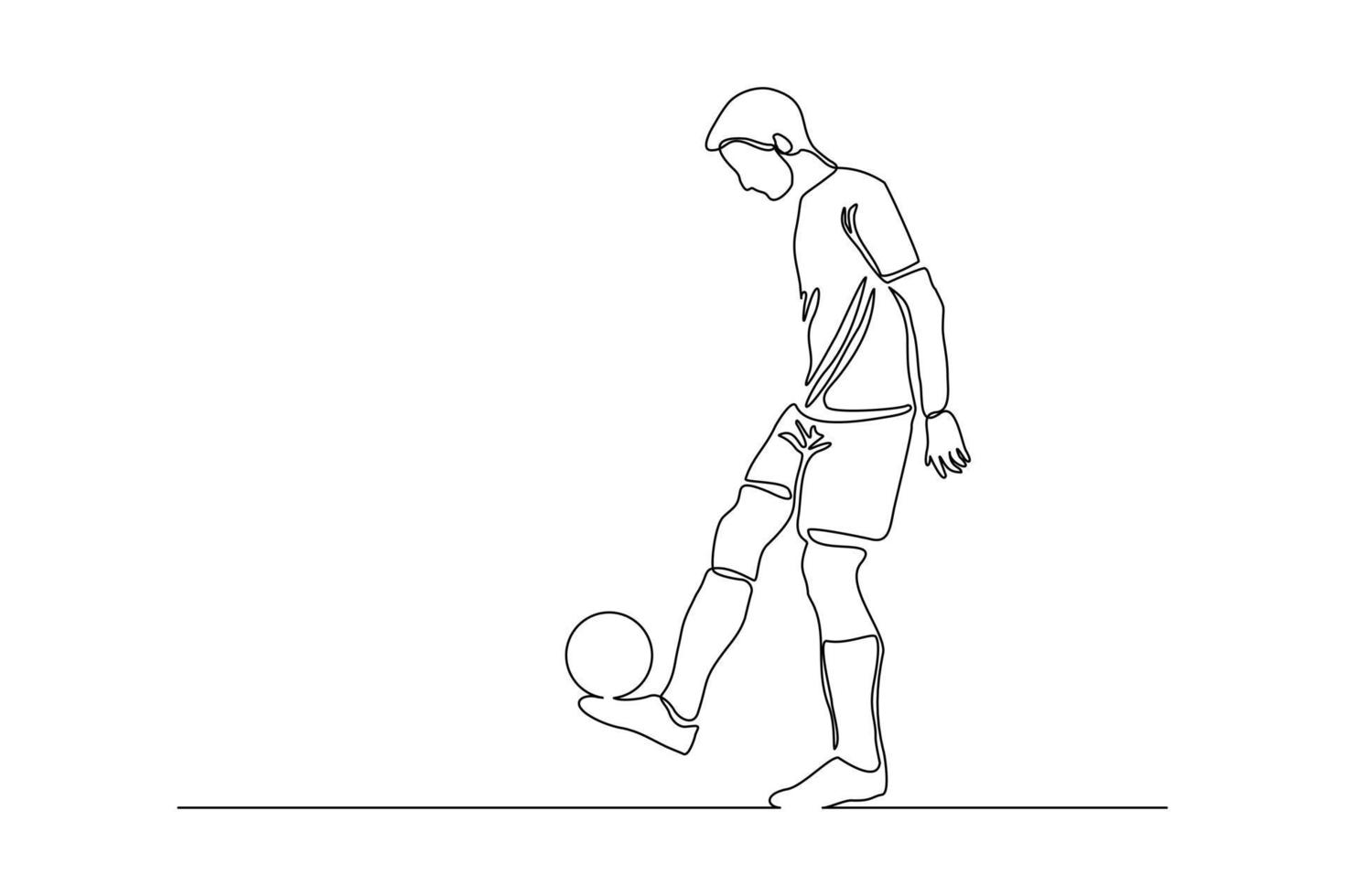 dessin en ligne continu d'un joueur de football qui donne un coup de pied au ballon. dessin au trait unique d'un jeune homme joueur de football dribble et jongle avec le ballon. illustration vectorielle vecteur