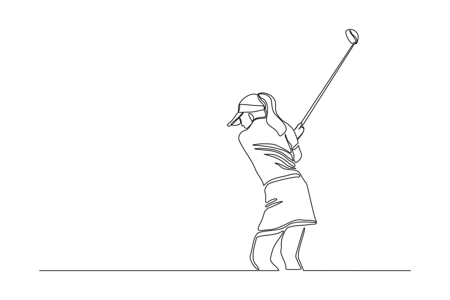 dessin en ligne continu d'une jeune femme jouant au golf. concept d'art d'une seule ligne de golfeur professionnel tenant un bâton pour frapper la balle. illustration vectorielle vecteur