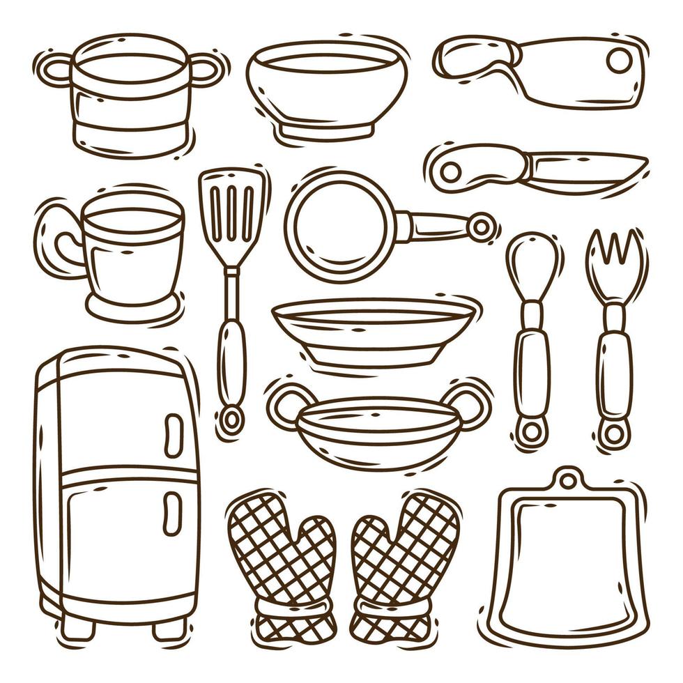 collection d'équipements de cuisine dessinés à la main coloriage de style doodle vecteur