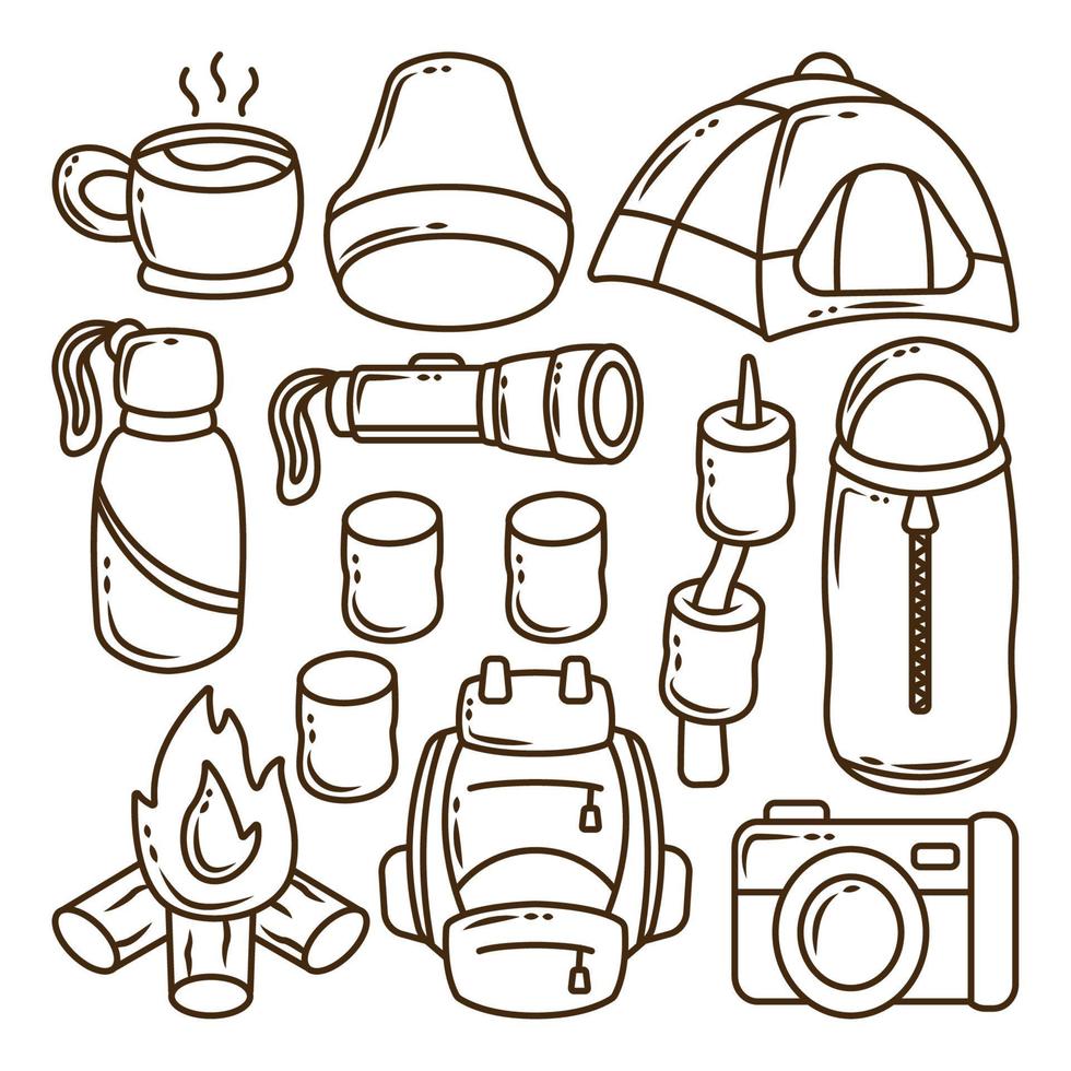 ensemble de coloriage de doodle de dessin animé de camping kawaii dessinés à la main vecteur