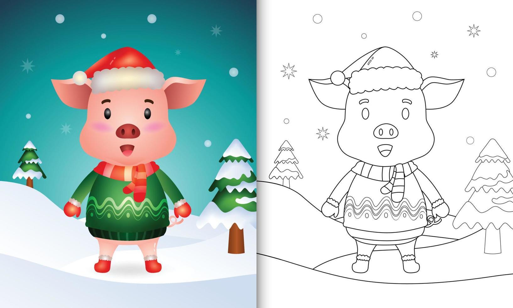 livre de coloriage avec un cochon mignon personnages de noël avec un bonnet de noel, une veste et une écharpe vecteur