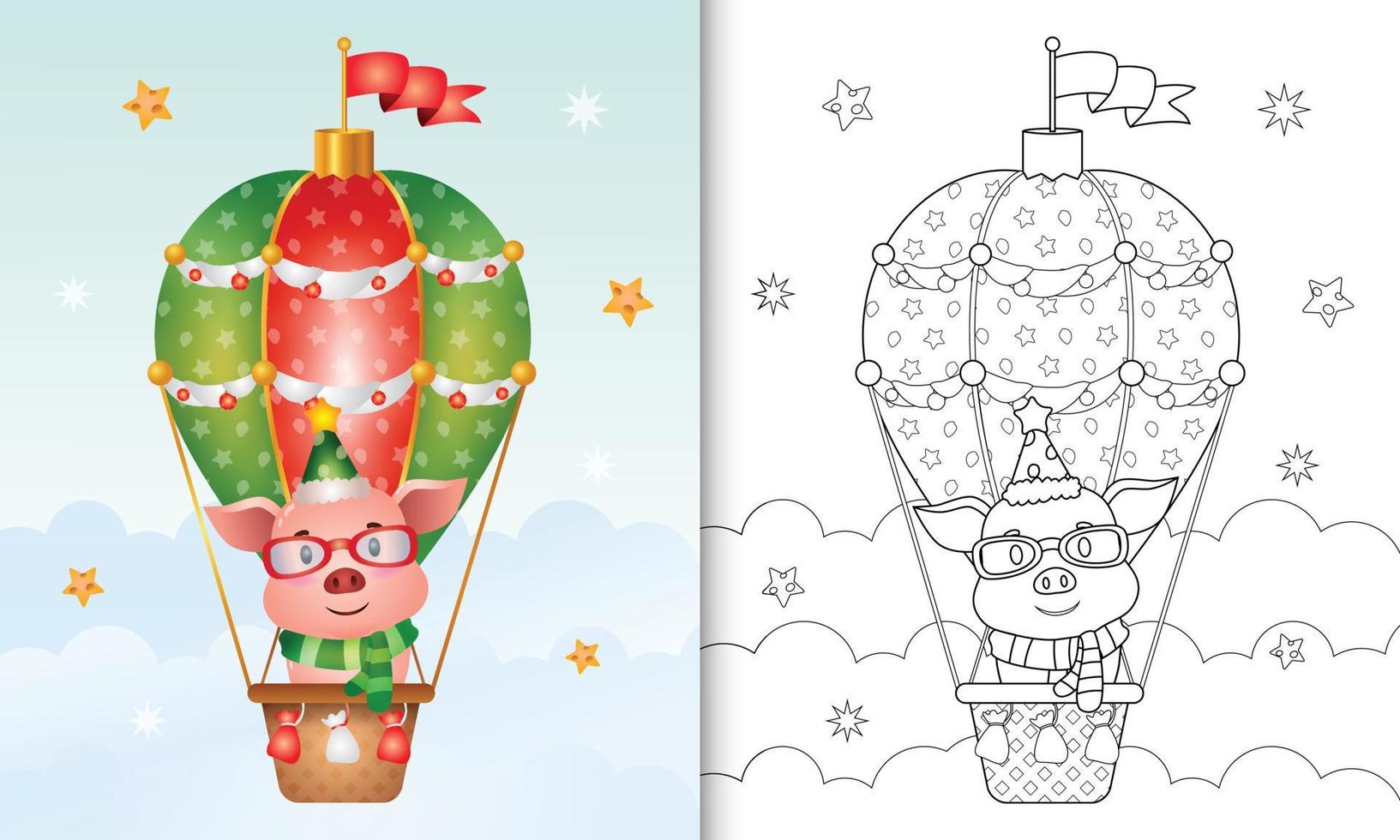 livre de coloriage avec un cochon mignon personnages de noël sur montgolfière avec bonnet et écharpe vecteur