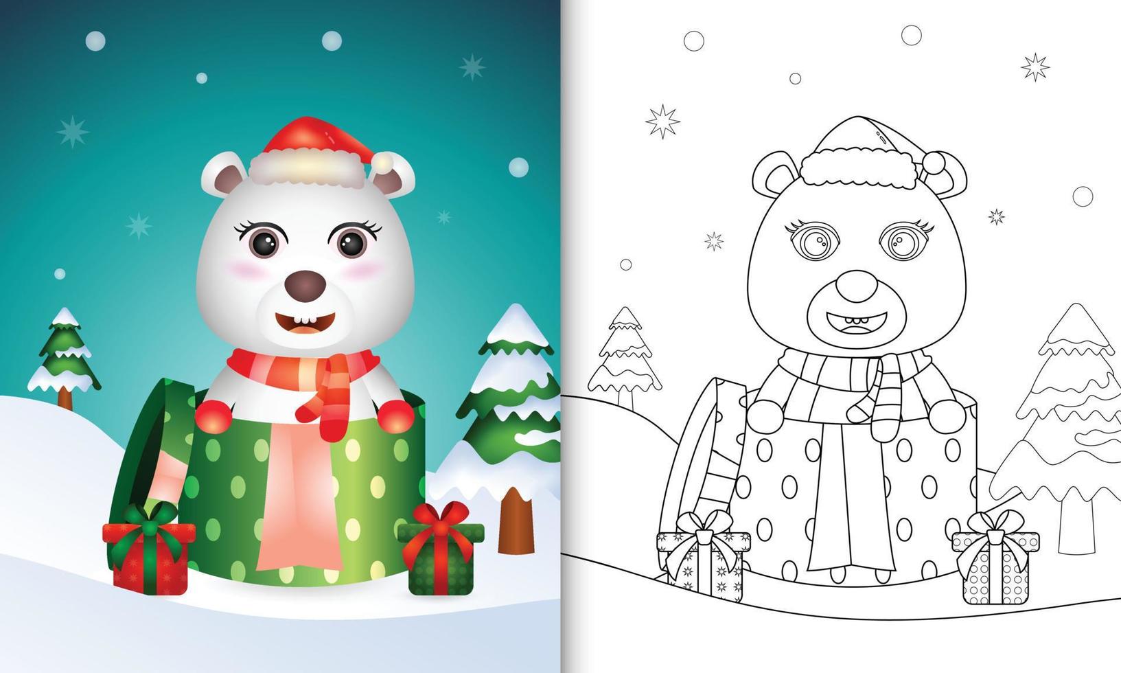 livre de coloriage avec un joli ours polaire personnages de noël utilisant un bonnet et une écharpe de père noël dans la boîte cadeau vecteur