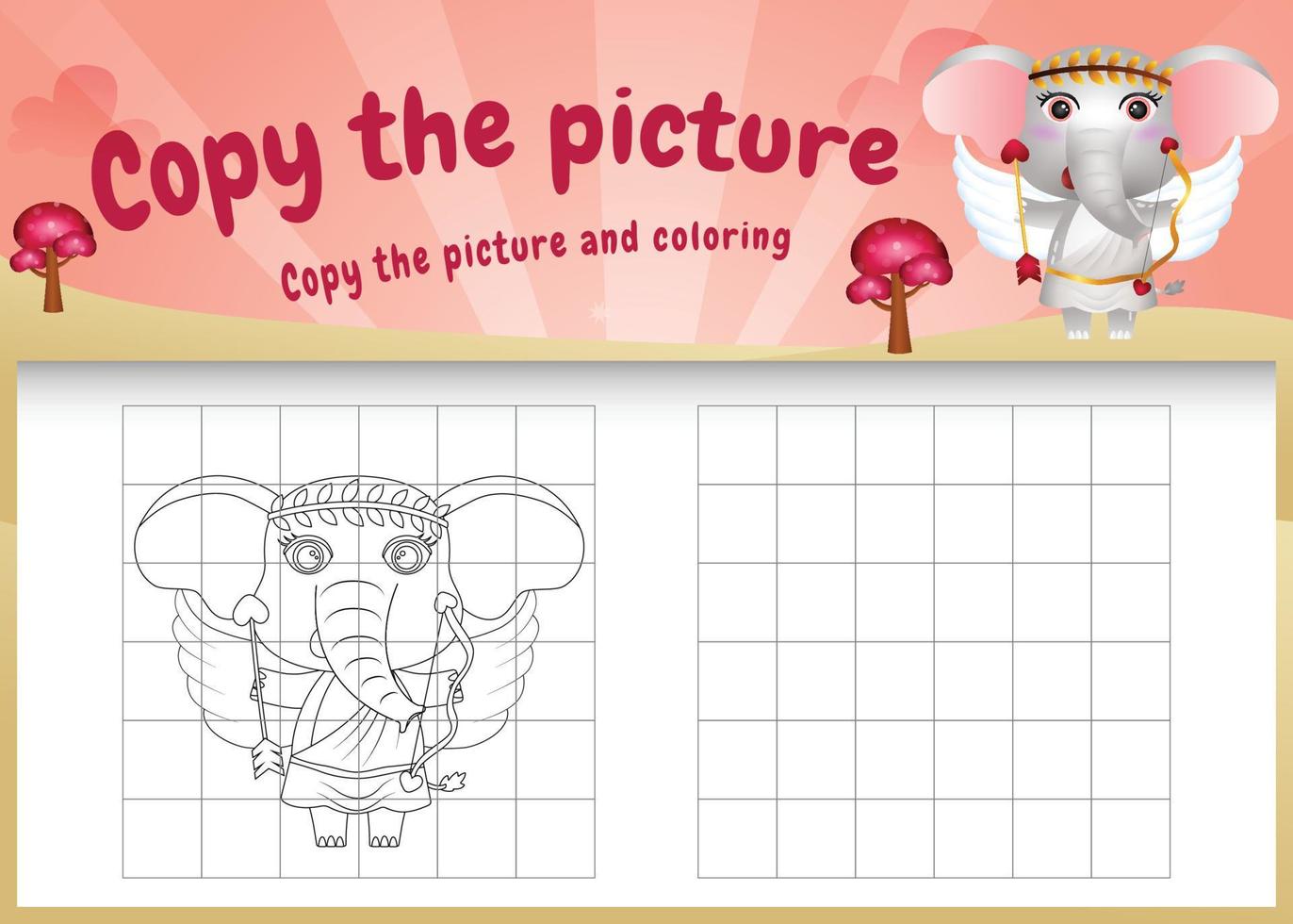 copiez le jeu d'enfants et la page de coloriage avec un éléphant mignon en utilisant le costume de la saint-valentin vecteur