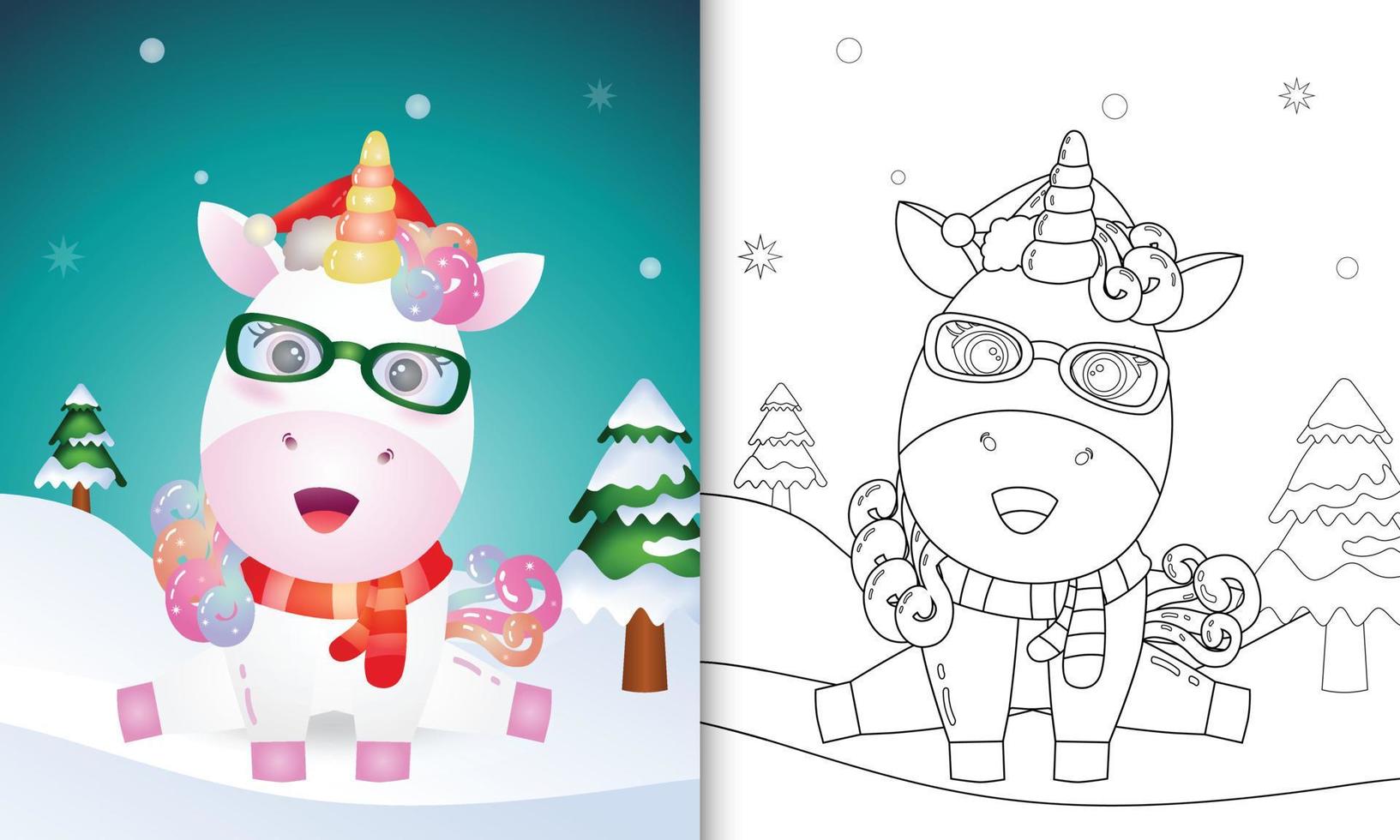 livre de coloriage avec une jolie licorne personnages de noël avec bonnet et écharpe de santa vecteur