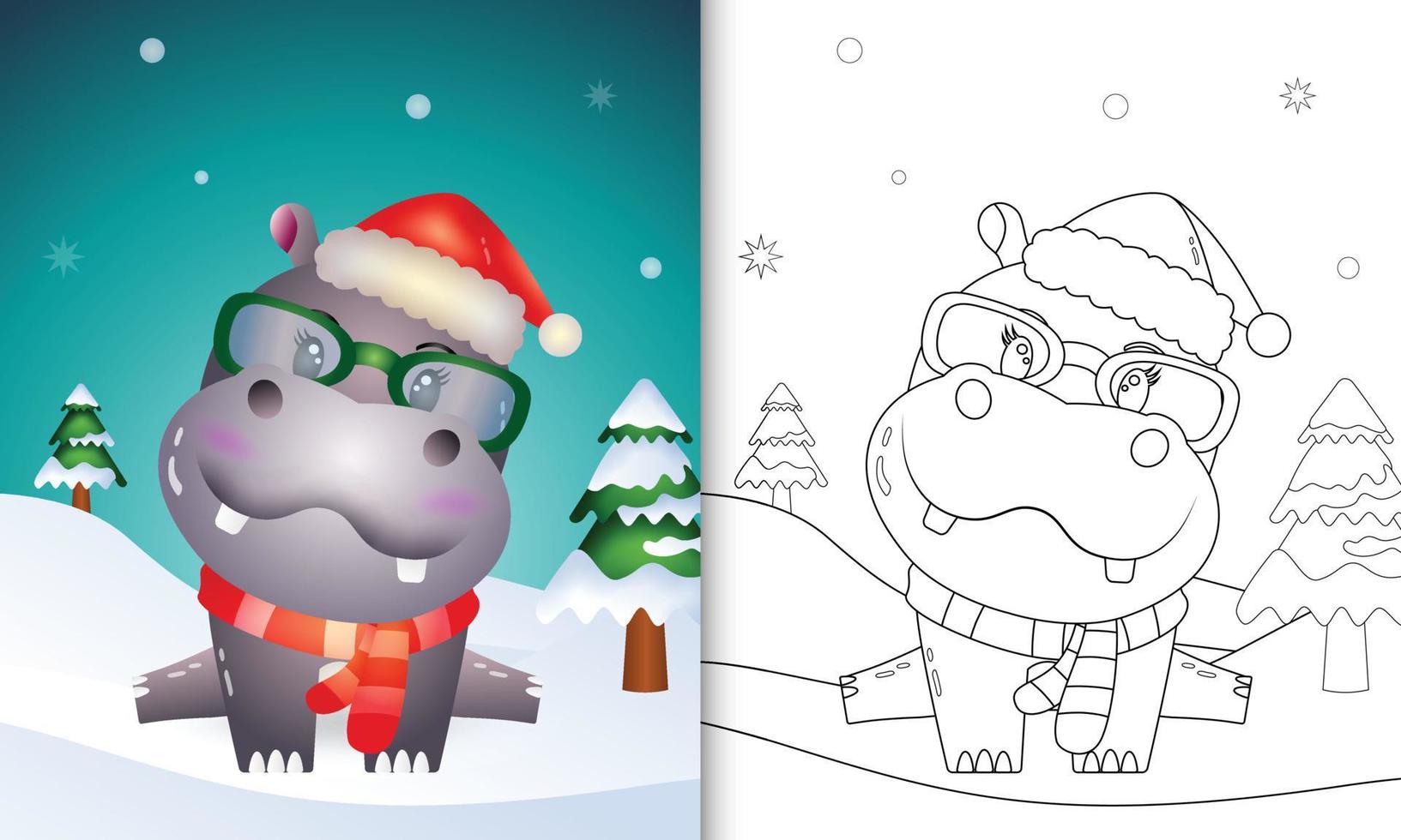 livre de coloriage avec un mignon personnage de noël hippopotame avec un bonnet et une écharpe de santa vecteur