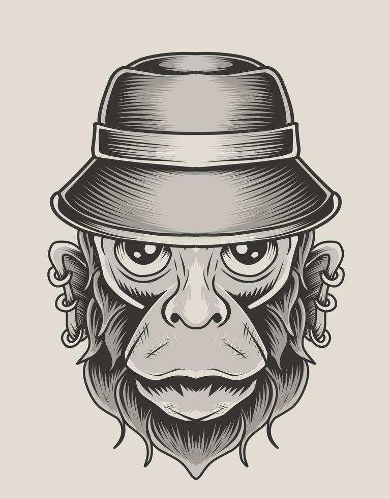 illustration tête de singe vintage avec chapeau vecteur