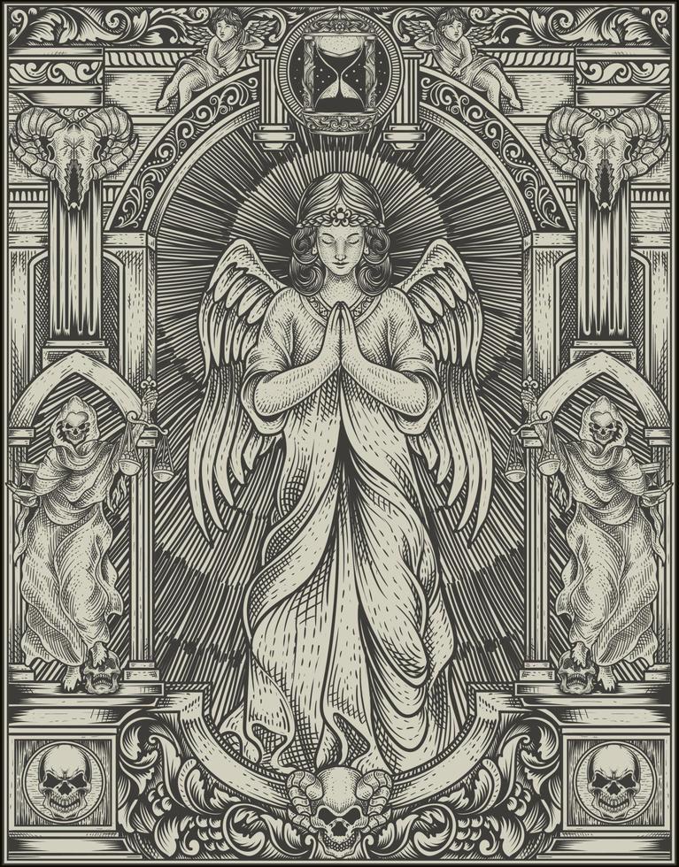 illustration ange priant avec cadre de gravure vintage vecteur