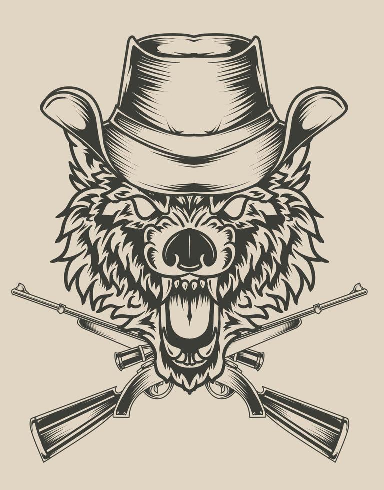 illustration tête de loup avec chapeau et deux fusils vecteur
