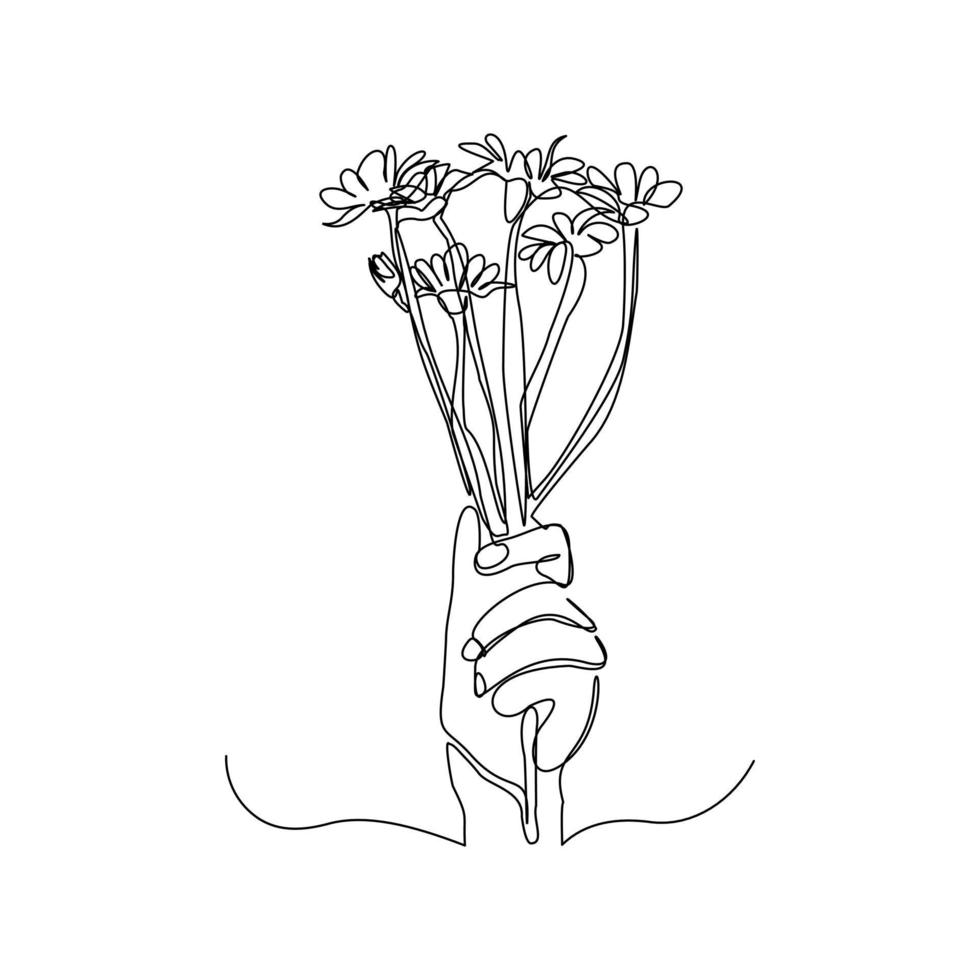 dessin en ligne continu d'une main tenant un bouquet de fleurs. femme de la main avec une fleur isolée sur fond blanc. donner un signe d'amour à quelqu'un. style minimalisme. illustration de croquis de vecteur