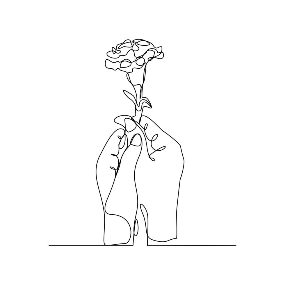 dessin en ligne continu d'une main tenant un bouquet de fleurs. femme de la main avec une fleur isolée sur fond blanc. donner un signe d'amour à quelqu'un. style minimalisme. illustration de croquis de vecteur