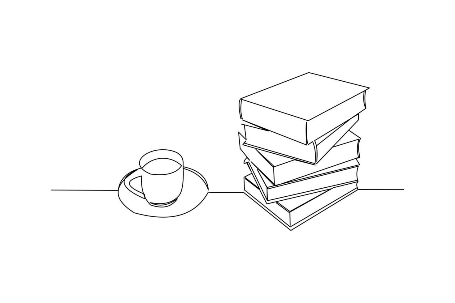 dessin en ligne continu d'une pile de livres à côté d'une tasse de café au bureau. rédaction d'un projet de concept d'entreprise. illustration graphique vectorielle de conception de dessin au trait unique moderne vecteur