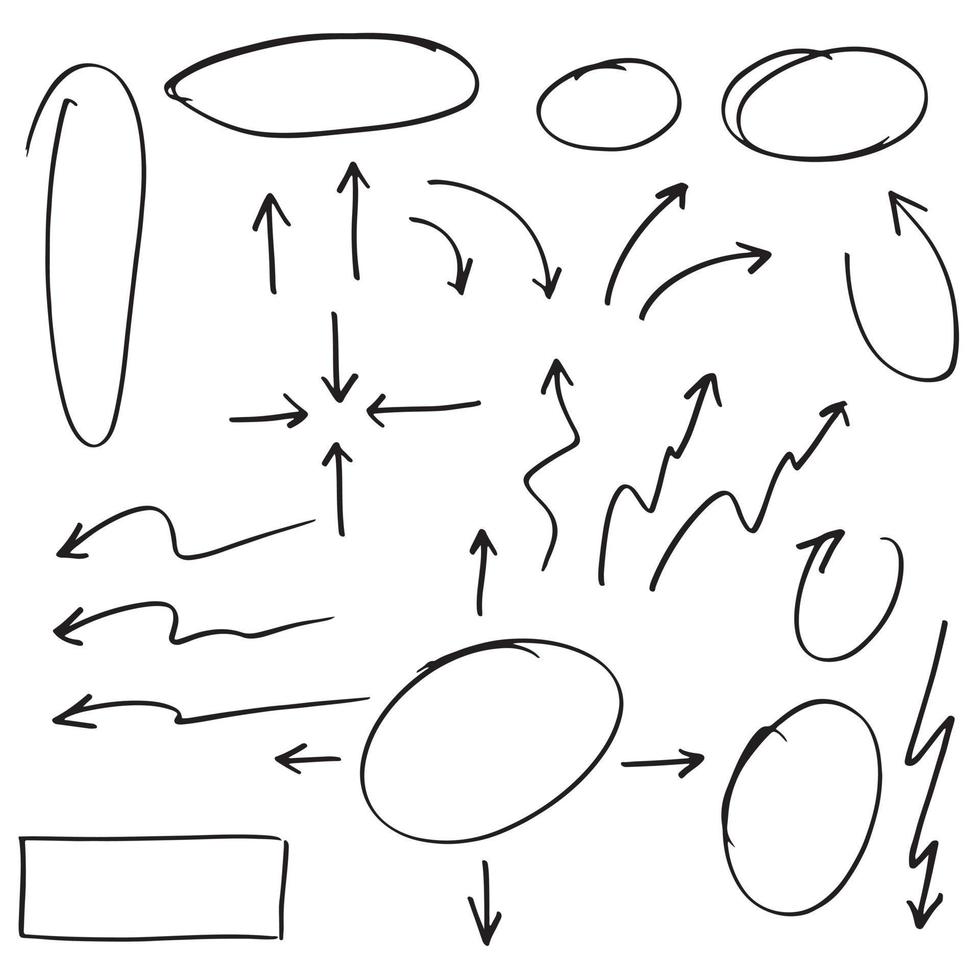 élément de conception de griffonnage. vecteur de lignes, de flèches, de cercles et de courbes de doodle. éléments de conception dessinés à la main isolés sur fond blanc pour infographie.