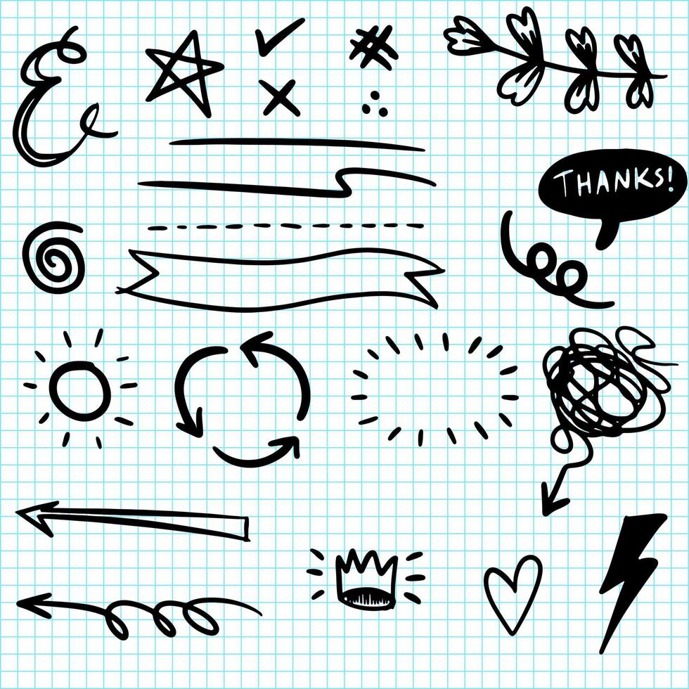 éléments de doodle ensemble dessinés à la main pour la conception de concept. illustration vectorielle. vecteur