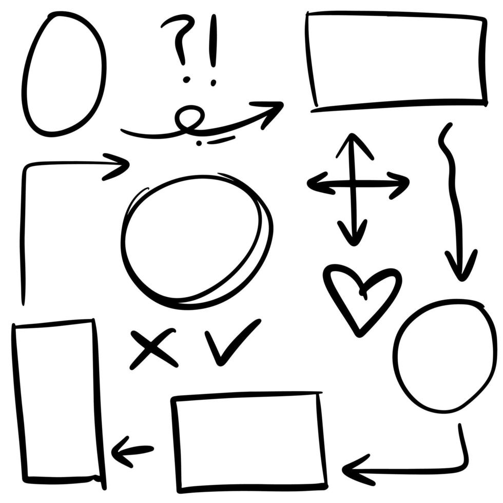 élément de conception de griffonnage. vecteur de lignes, de flèches, de cercles et de courbes de doodle. éléments de conception dessinés à la main isolés sur fond blanc pour infographie.