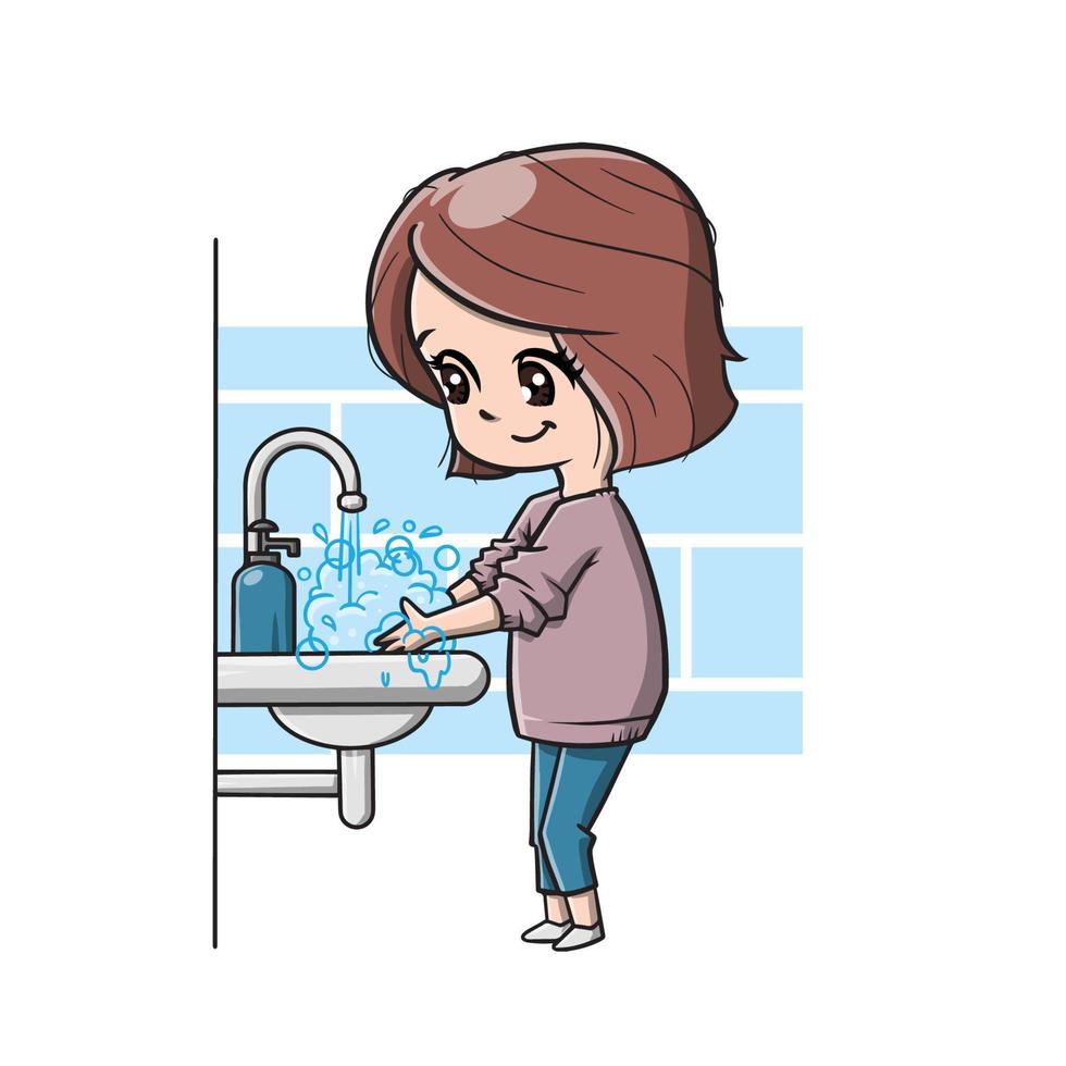 jolie fille laver son dessin animé à la main vecteur