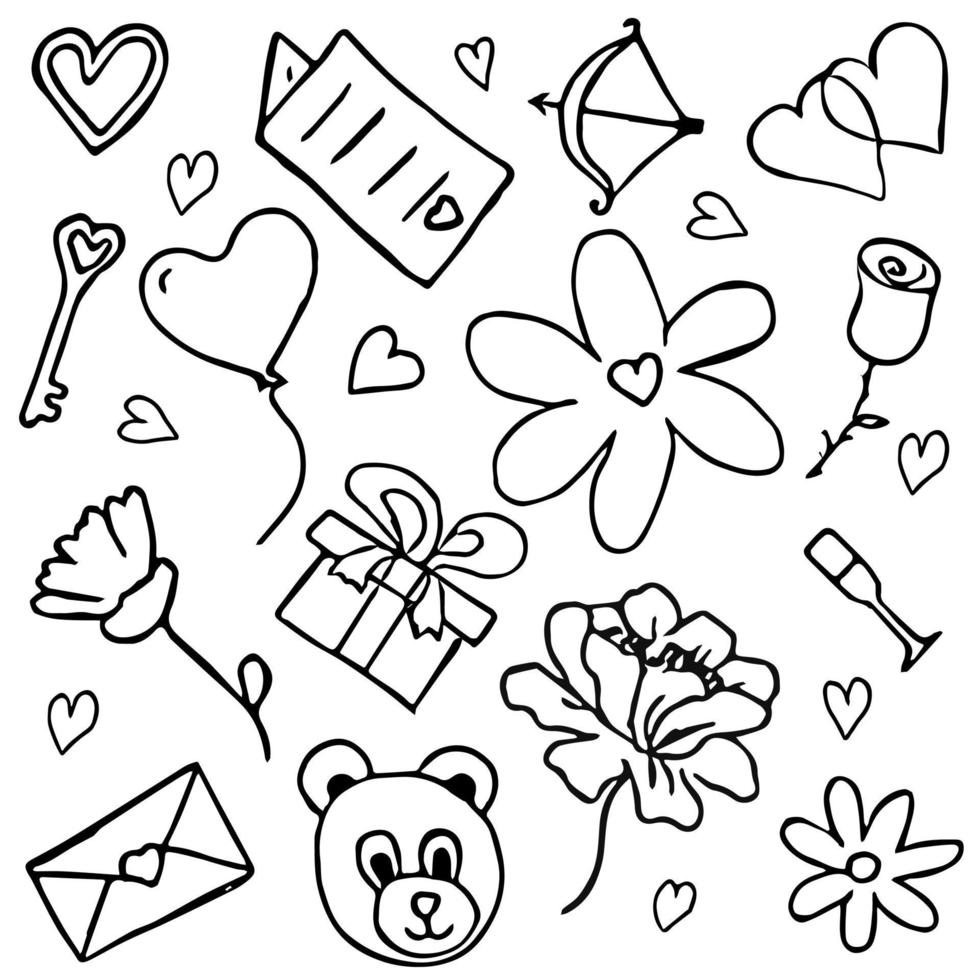 illustration de la saint-valentin. modèle sans couture avec coeurs, coffret, fleurs, ours en peluche, rose. ensemble d'icônes de la saint-valentin vecteur