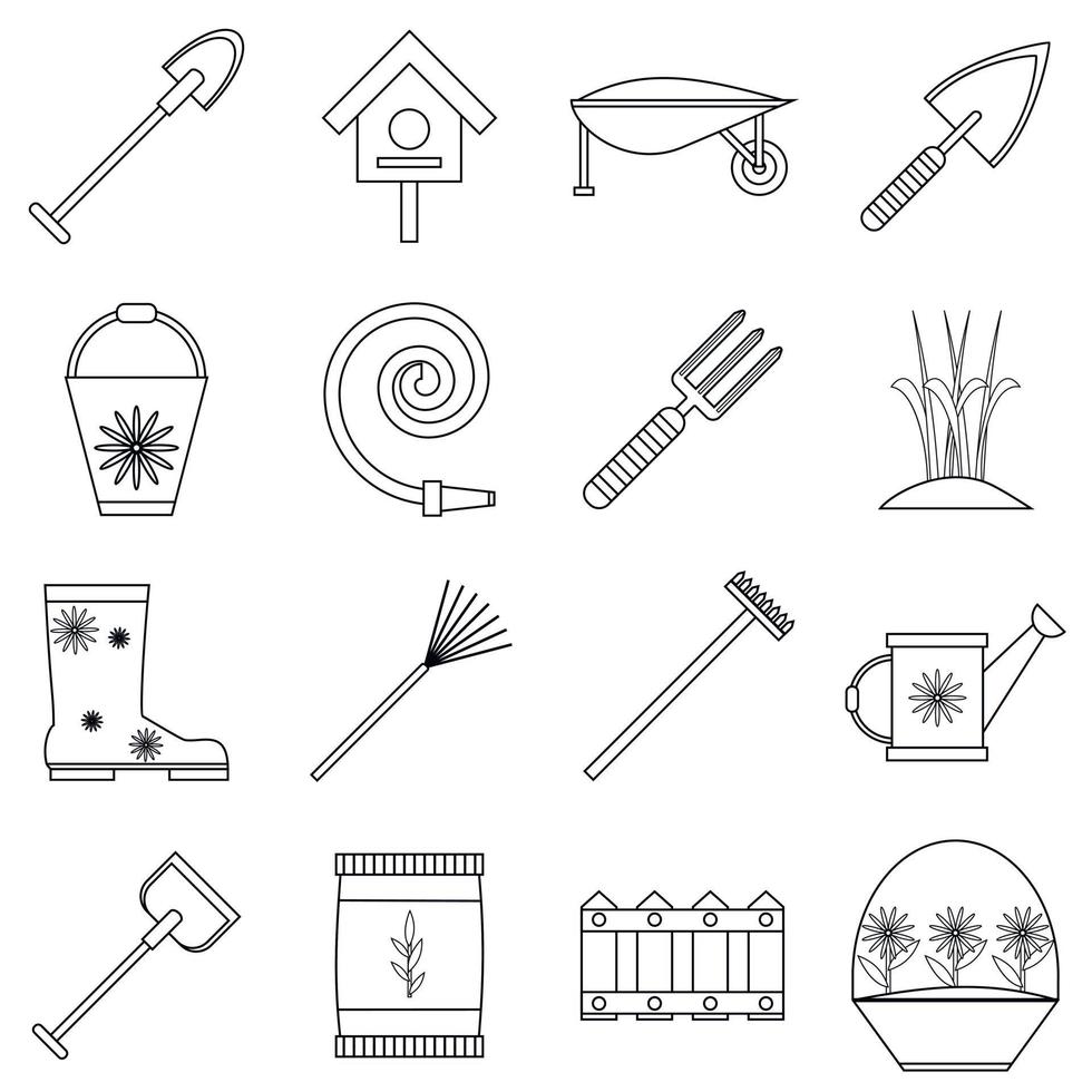 ensemble d'icônes d'outils de jardinier, style de contour vecteur