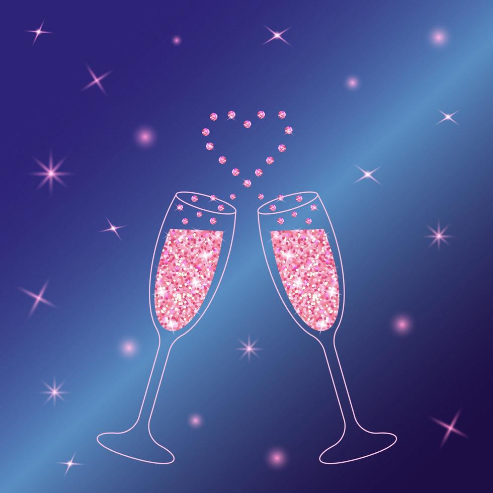 deux verres de champagne étincelants avec des paillettes roses et des éclaboussures en forme de cœur. fond bleu coloré avec la lumière des étoiles. vecteur