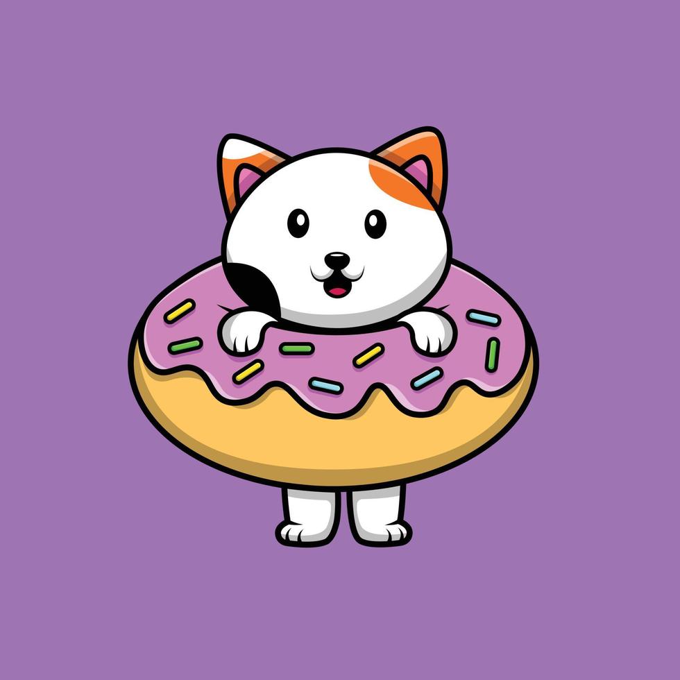 chat mignon sur illustration d'icône de vecteur de dessin animé de beignet. concept d'icône d'aliments pour animaux isolé vecteur premium. style de dessin animé plat