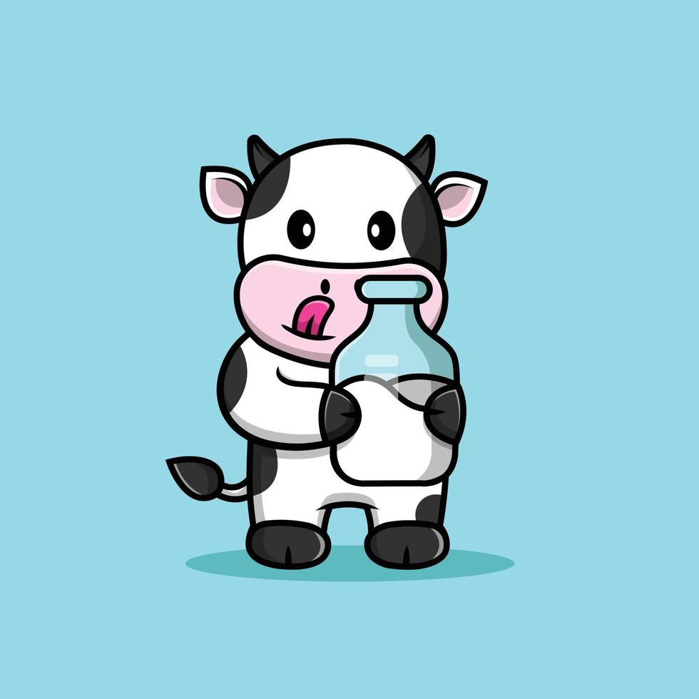 vache mignonne tenant une illustration d'icône de vecteur de dessin animé de bouteille de lait. concept d'icône de boisson animale isolé vecteur premium. style de dessin animé plat