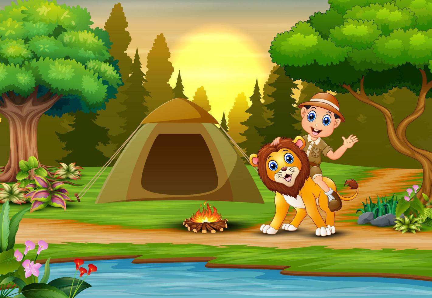 garçon de gardien de zoo et un lion en camping au coucher du soleil vecteur