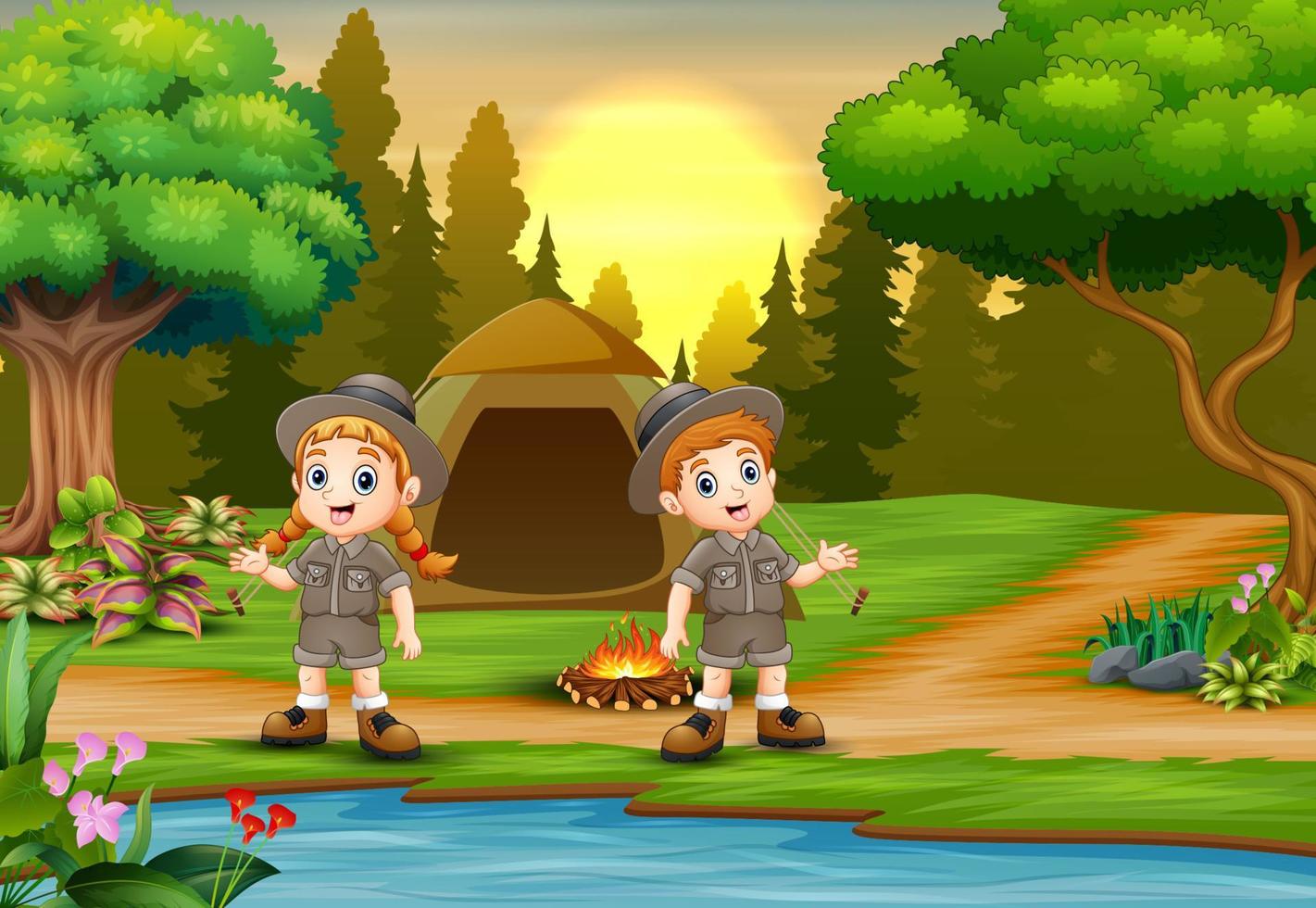 fond de camping pour enfants avec paysage coucher de soleil vecteur