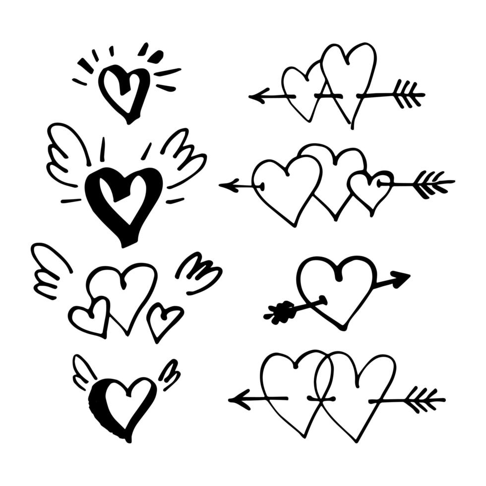 coeurs dessinés à la main avec de petites ailes et percés de flèche. symbole de l'amour. illustration de la saint-valentin de style doodle. vecteur. vecteur