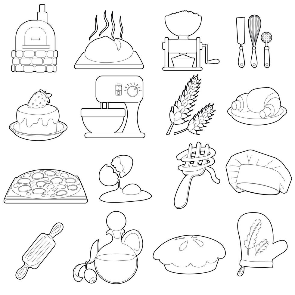 ensemble d'icônes de production de boulangerie, style de dessin animé de contour vecteur