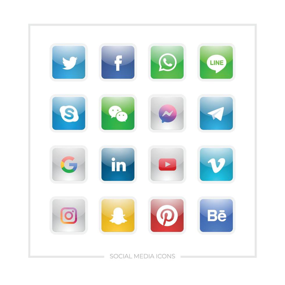 ensemble de diverses icônes de médias sociaux colorées dans une forme arrondie carrée brillante avec gaufrage. vecteur