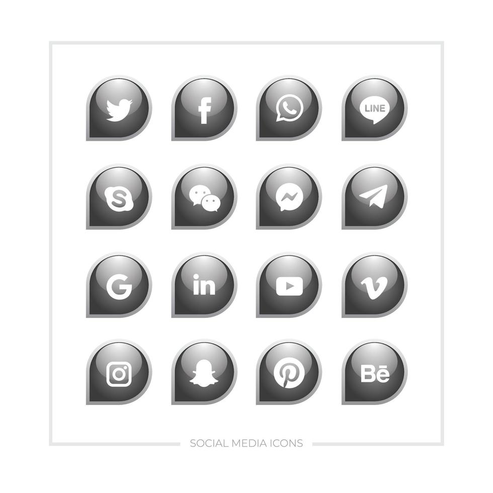 ensemble de diverses icônes de médias sociaux de couleur noire en forme de feuille brillante avec gaufrage. vecteur