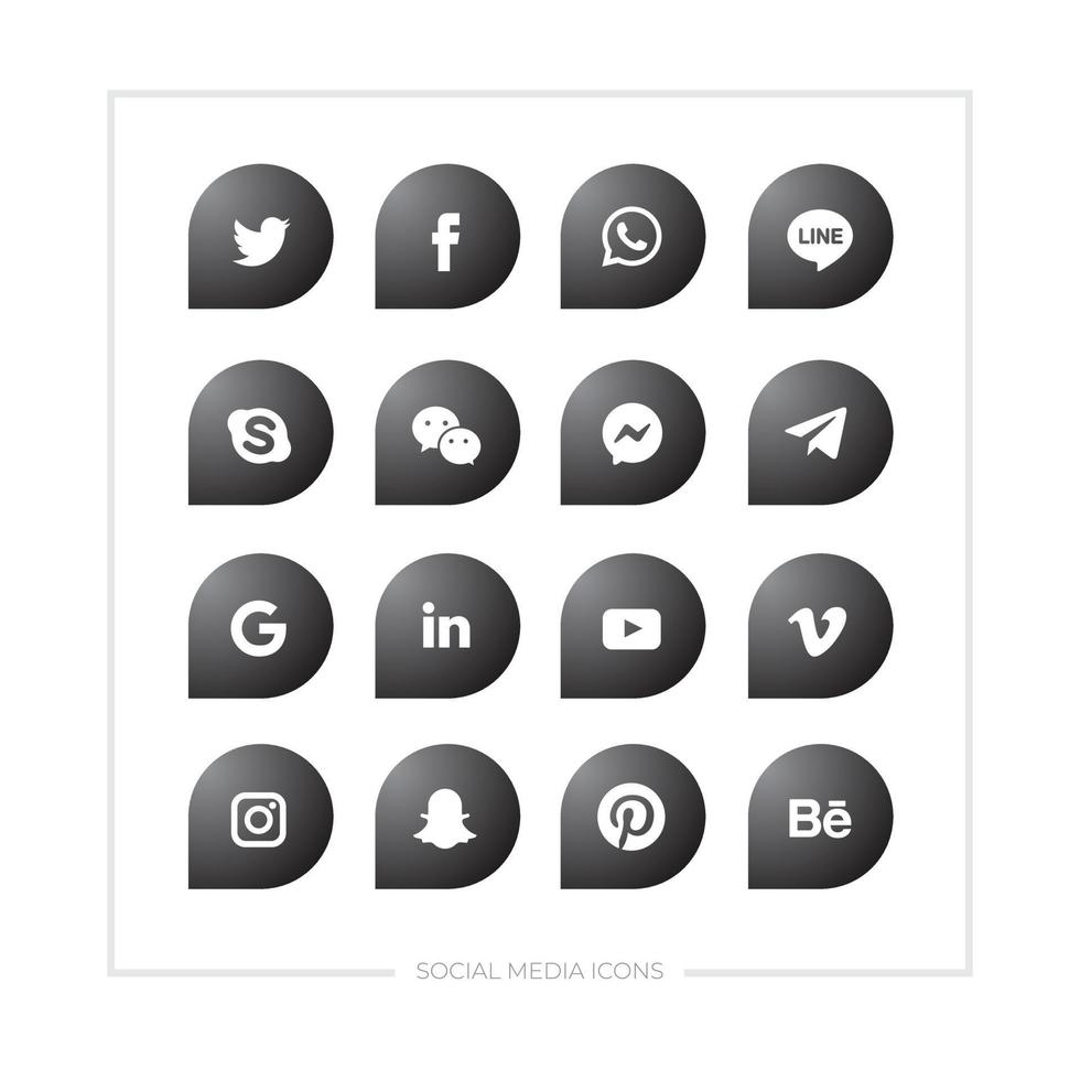 ensemble de diverses icônes de médias sociaux de couleur noire en forme de feuille unie. vecteur