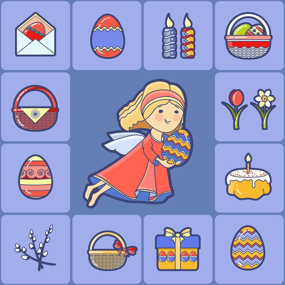 ensemble d'icônes de Pâques. ange, panier, oeuf, bougie, fleur, gâteau. vecteur