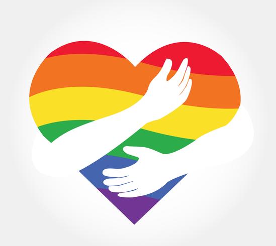 étreignant vecteur de coeur arc-en-ciel, drapeau arc-en-ciel d&#39;amour LGBT en forme de coeur