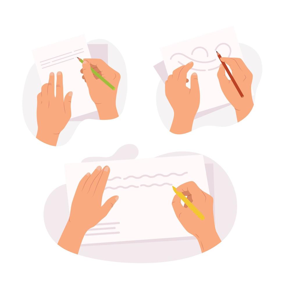 ensemble de mains tenant un stylo et un crayon écrivant une lettre et dessinant sur du papier doodle dessiné à la main vecteur