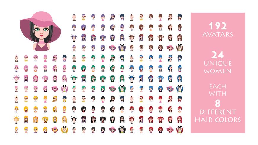 Collection de 192 femmes avatar - 24 femmes uniques chacune avec 8 couleurs de cheveux différentes vecteur