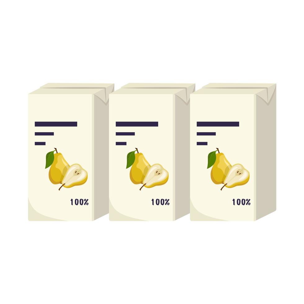 ensemble de packs carrés de jus de poires jaunes avec des feuilles. boisson saine sucrée, liquide savoureux. illustration vectorielle plate vecteur