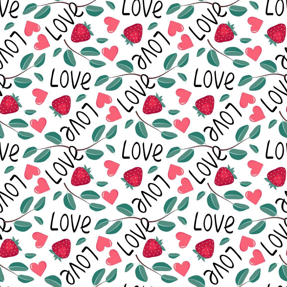 joli motif sans couture avec fraise, coeurs, mot amour et feuilles. impression festive, décoration de la saint-valentin pour papier d'emballage, textile et design. illustration vectorielle plate vecteur