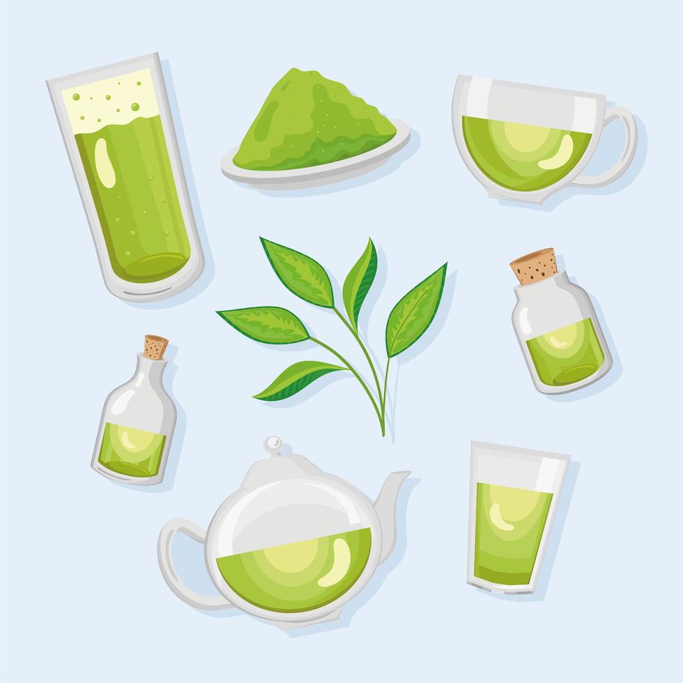 huit icônes de thé vert vecteur
