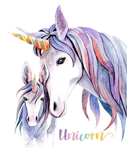 Illustration aquarelle Licorne maman et Licorne bébé. vecteur