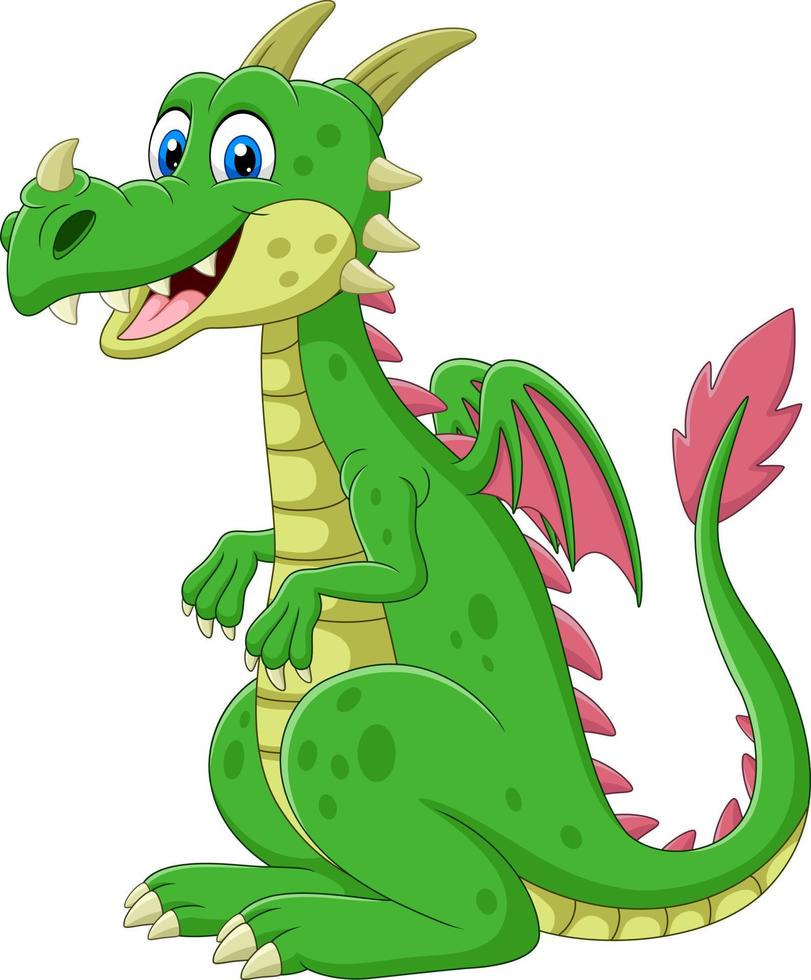 dessin animé heureux dragon vert assis vecteur