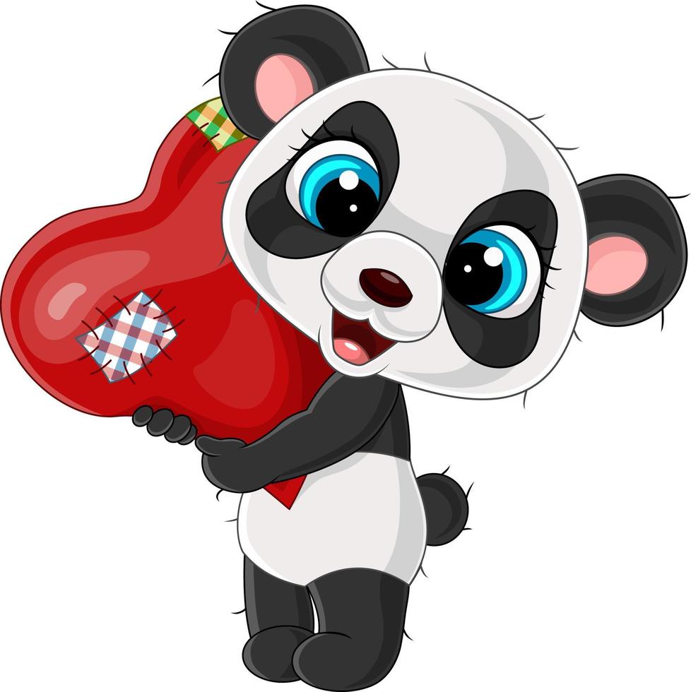 dessin animé petit panda tenant un coeur rouge vecteur