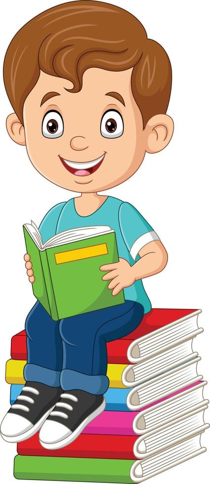 dessin animé petit garçon lisant un livre sur la pile de livres vecteur